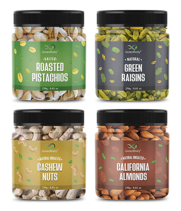 GreenFinity Premium Dry Fruit Combo (1kg)||Almonds, Cashews, Pista, Raisin (250g -Pack of 4)